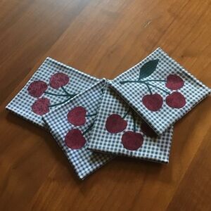 Cherry-patterned cloth coasters handmade new
